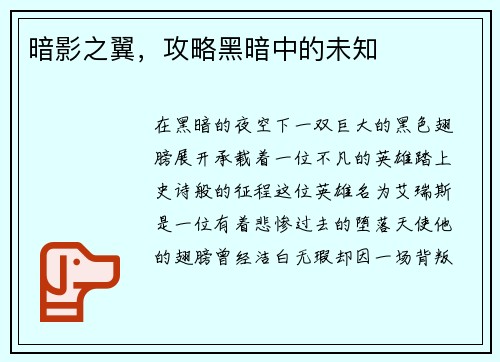 暗影之翼，攻略黑暗中的未知